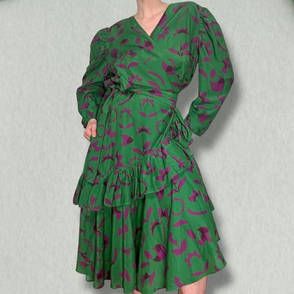 Jessie Zhao New York Green Garden Cotton Silk Wrap Midi Dress Size M